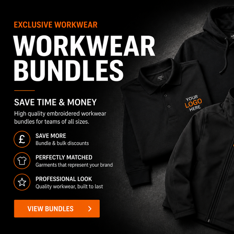 Promotional image for workwear bundles with text and branded clothing on a dark background.