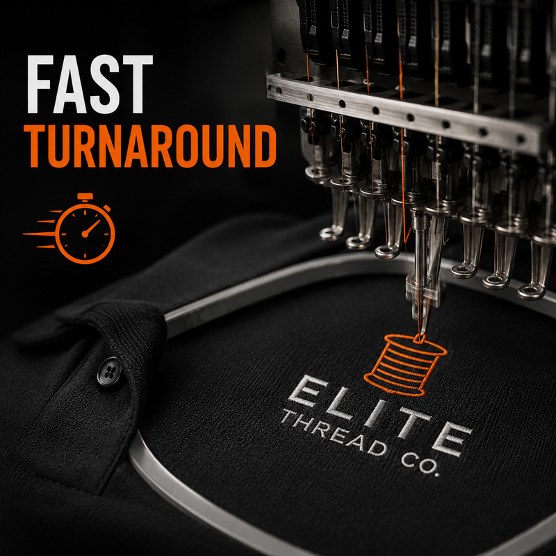 Embroidery machine with 'Elite Thread Co.' logo on a black fabric, highlighting fast turnaround time.