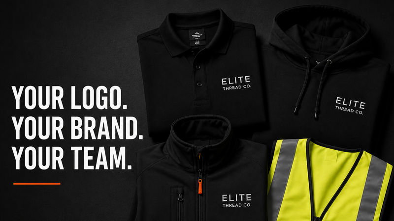 Black clothing items with 'Elite Thread Co.' branding on a dark background
