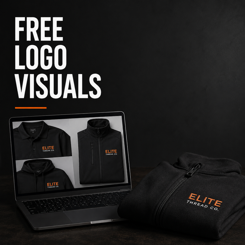 Laptop displaying black jackets with 'Elite Thread Co' logo on a dark background