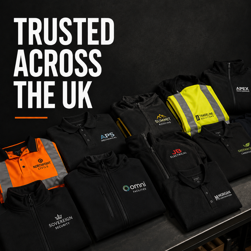 Collection of branded clothing with visible logos on a dark background, featuring text 'Trusted Across the UK'.