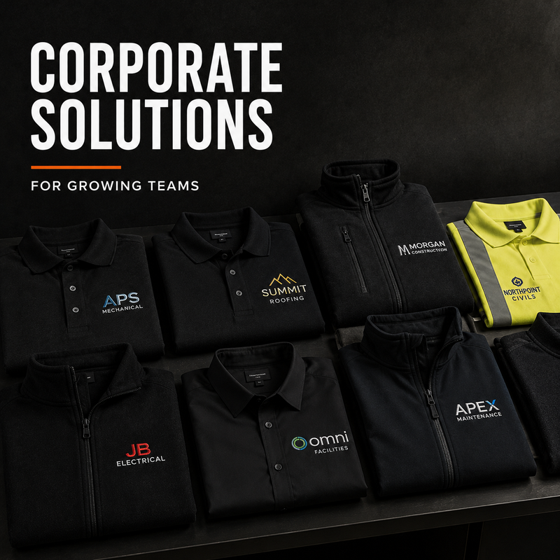 Collection of branded black shirts with various company logos on a dark background, featuring text 'Corporate Solutions for Growing Teams'.