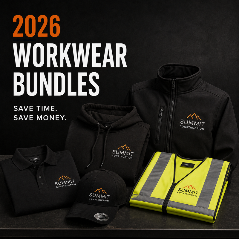 Collection of Summit Construction workwear including jackets, polos, hats, and a reflective vest on a dark background with promotional text.