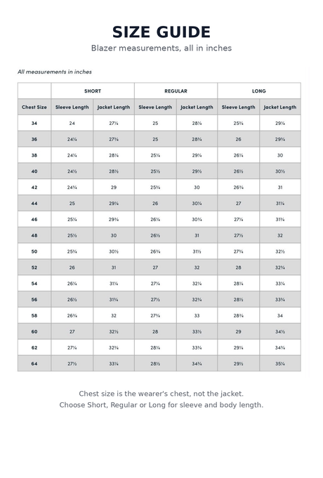 Blazer size guide, chest 34 to 64 inches in short, regular and long