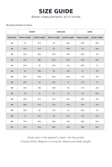 Blazer size guide, chest 34 to 64 inches in short, regular and long