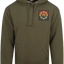 Olive green hoodie with a patch on the chest against a white background