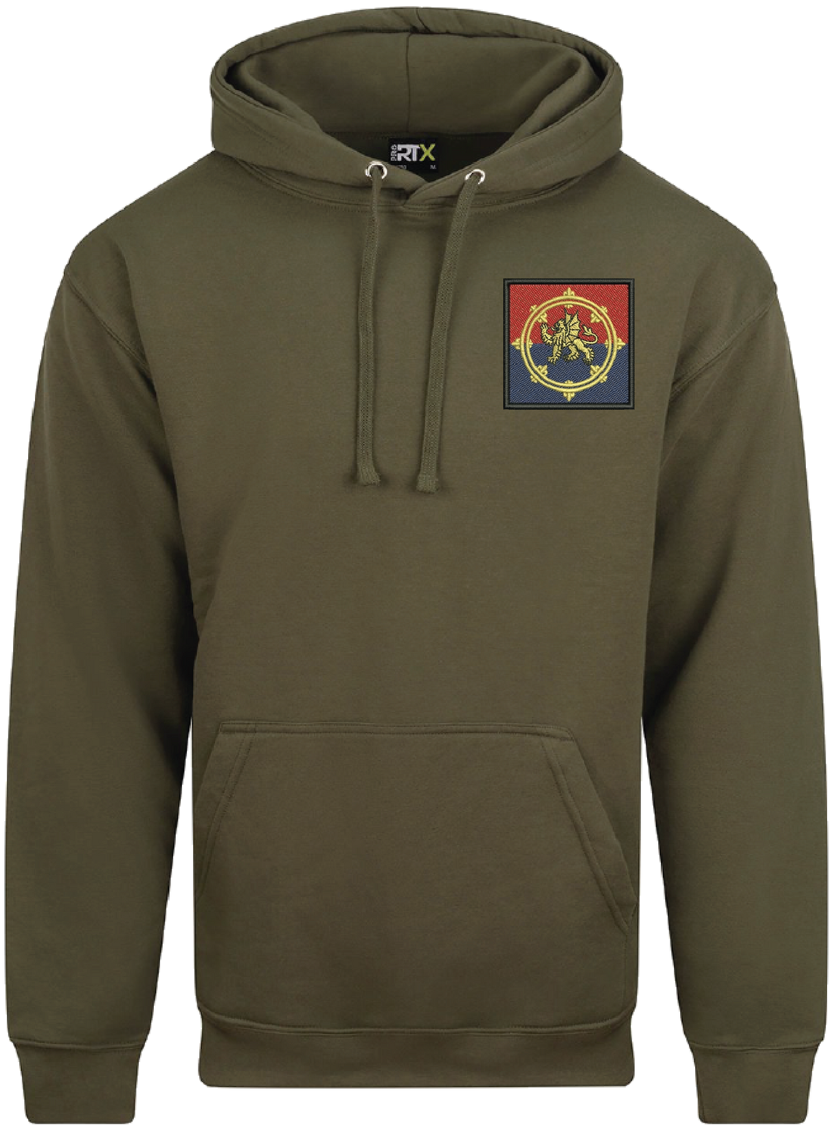 Olive green hoodie with a patch on the chest against a white background