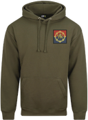 Olive green hoodie with a patch on the chest against a white background