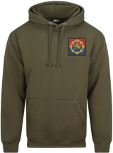 Olive green hoodie with a patch on the chest against a white background