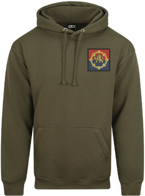 Olive green hoodie with a patch on the chest against a white background
