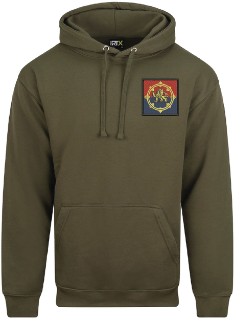 Olive green hoodie with a patch on the chest against a white background