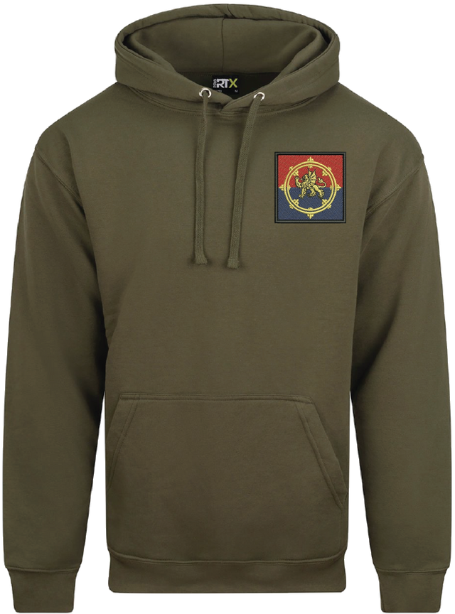 Olive green hoodie with a patch on the chest against a white background