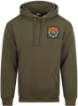 Olive green hoodie with a patch on the chest against a white background