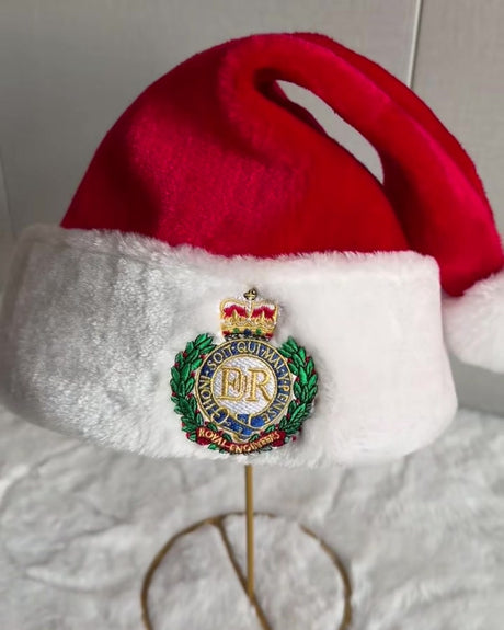 Royal Engineers Sappers Santa hat with embroidered RE cap badge, front