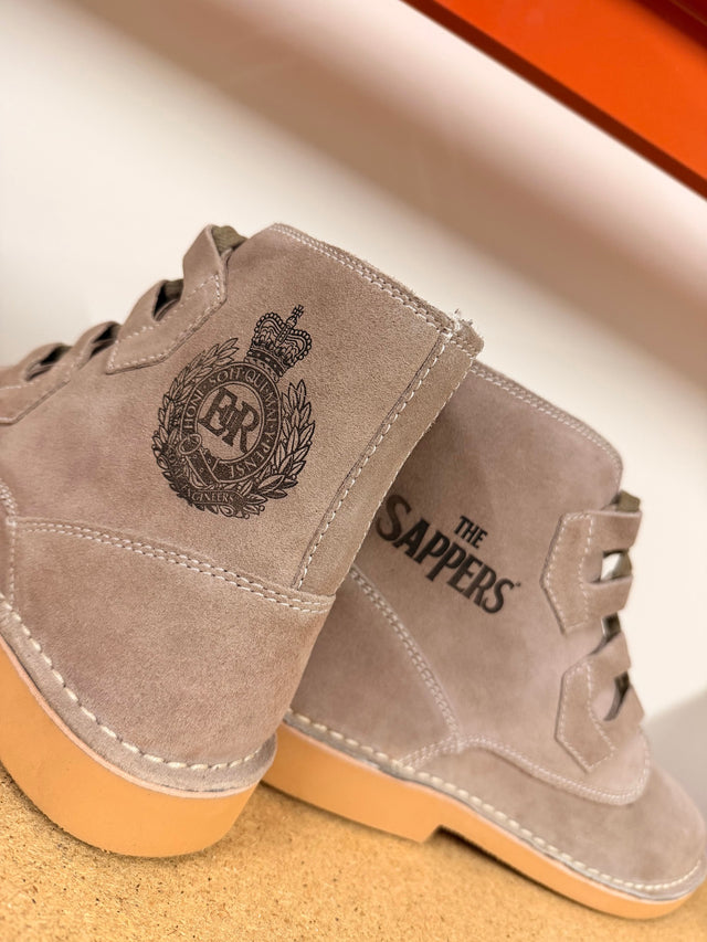 Royal Engineers Sapper desert boots laser engraved, cap badge and The Sappers logo